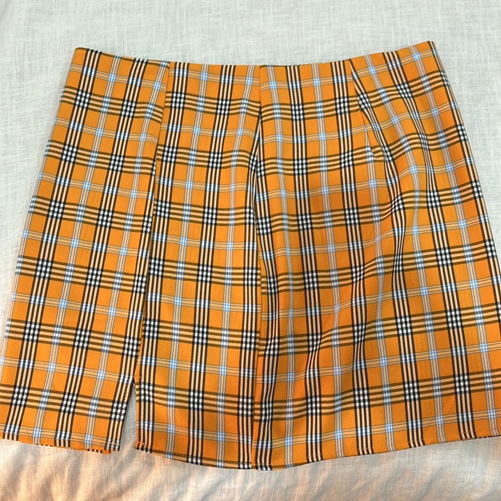 Orange and White Plaid Skirt, 3’ Slit and Zip Up Back